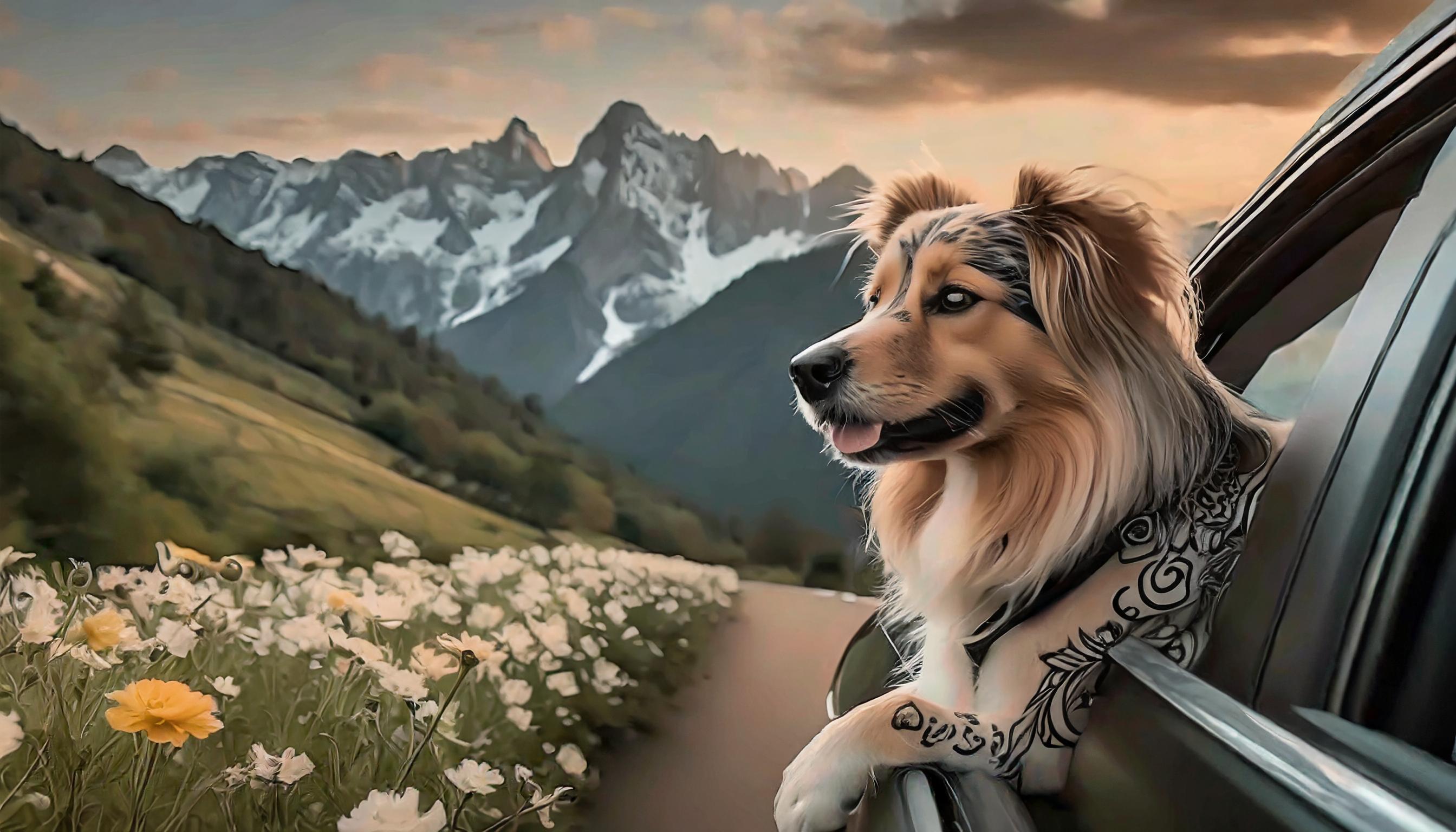 Firefly A Dog In Car At Sunset; Travel With Your Beloved And Family To The Mountains, Beautiful View