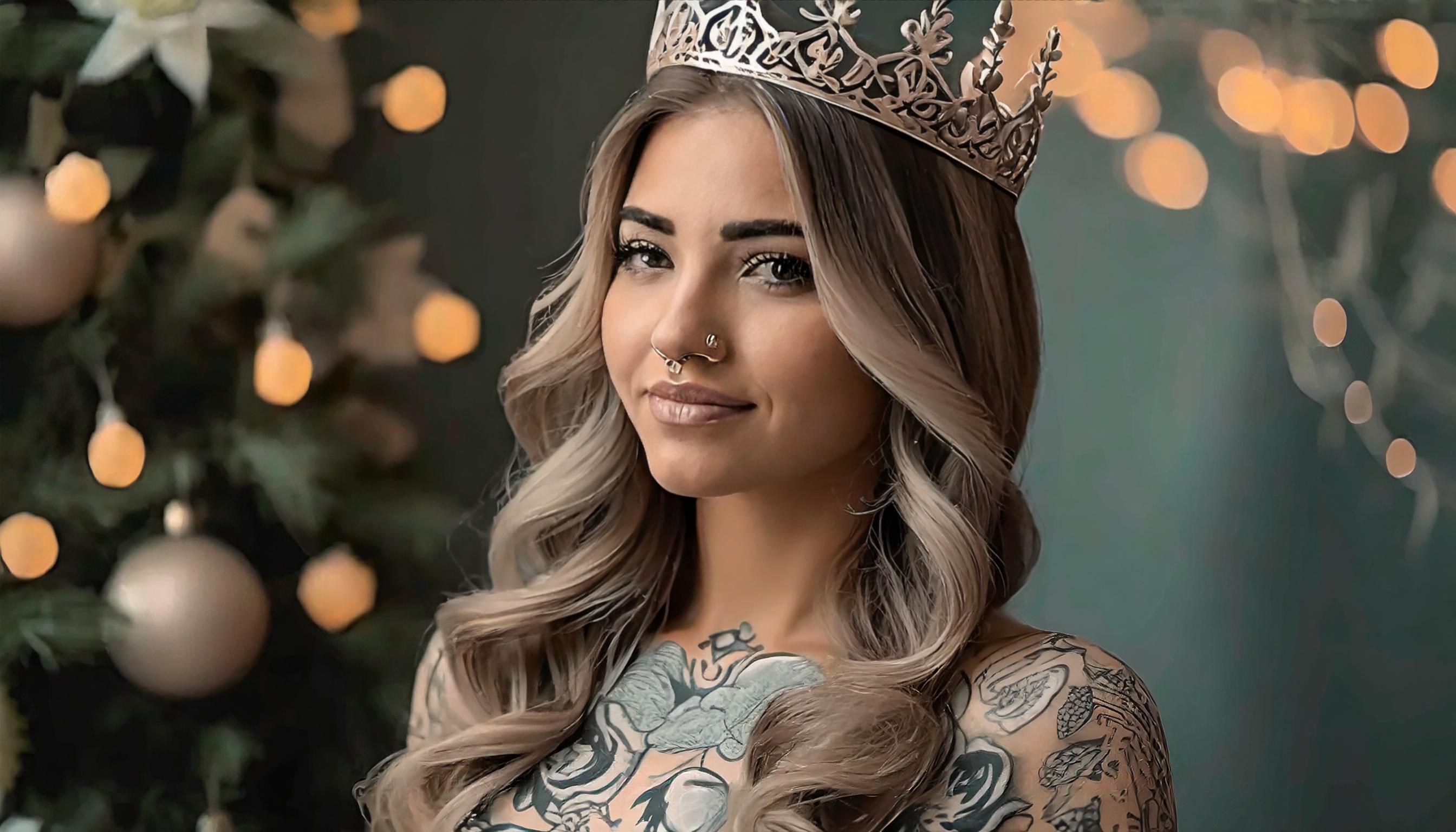 Firefly Woman In A Crown Of A Princess, Isolated On Green Pastel Color With Blue Light; Beauty Make
