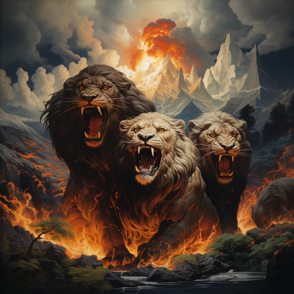 Reallynotsurennnjjjjjjkj Volcano With Three Lions In The Fire Ea140daf D491 4999 B89c 25e02ba290a0