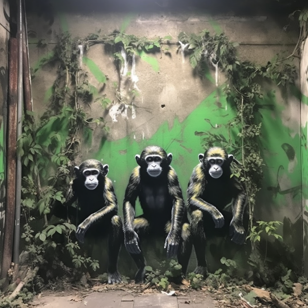 Reallynotsure Banksy Three Wise Monkeys Shows Three Monkeys Sit 9932974e 9fce 4ab6 Aadb 562689dd9ead