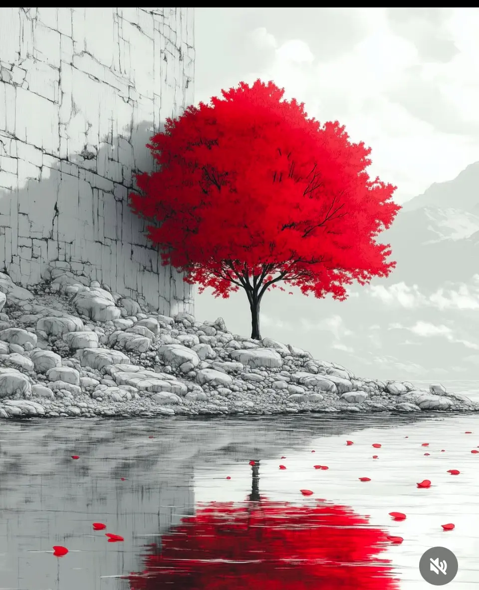 Red tree in a monochrome mountain landscape