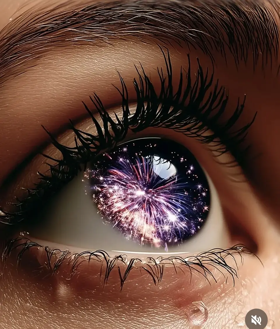 Close-up eye reflecting pink fireworks
