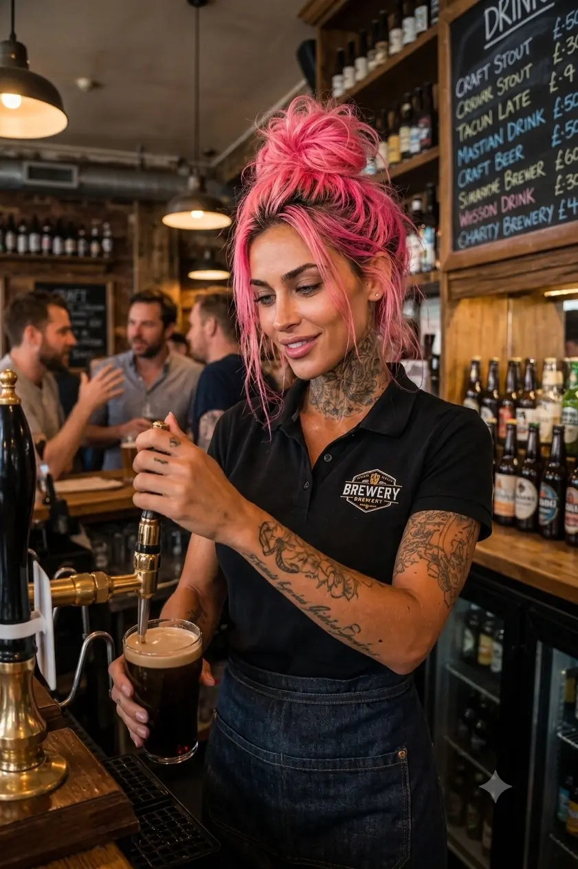 Pink-haired tattooed bartender pouring a craft beer