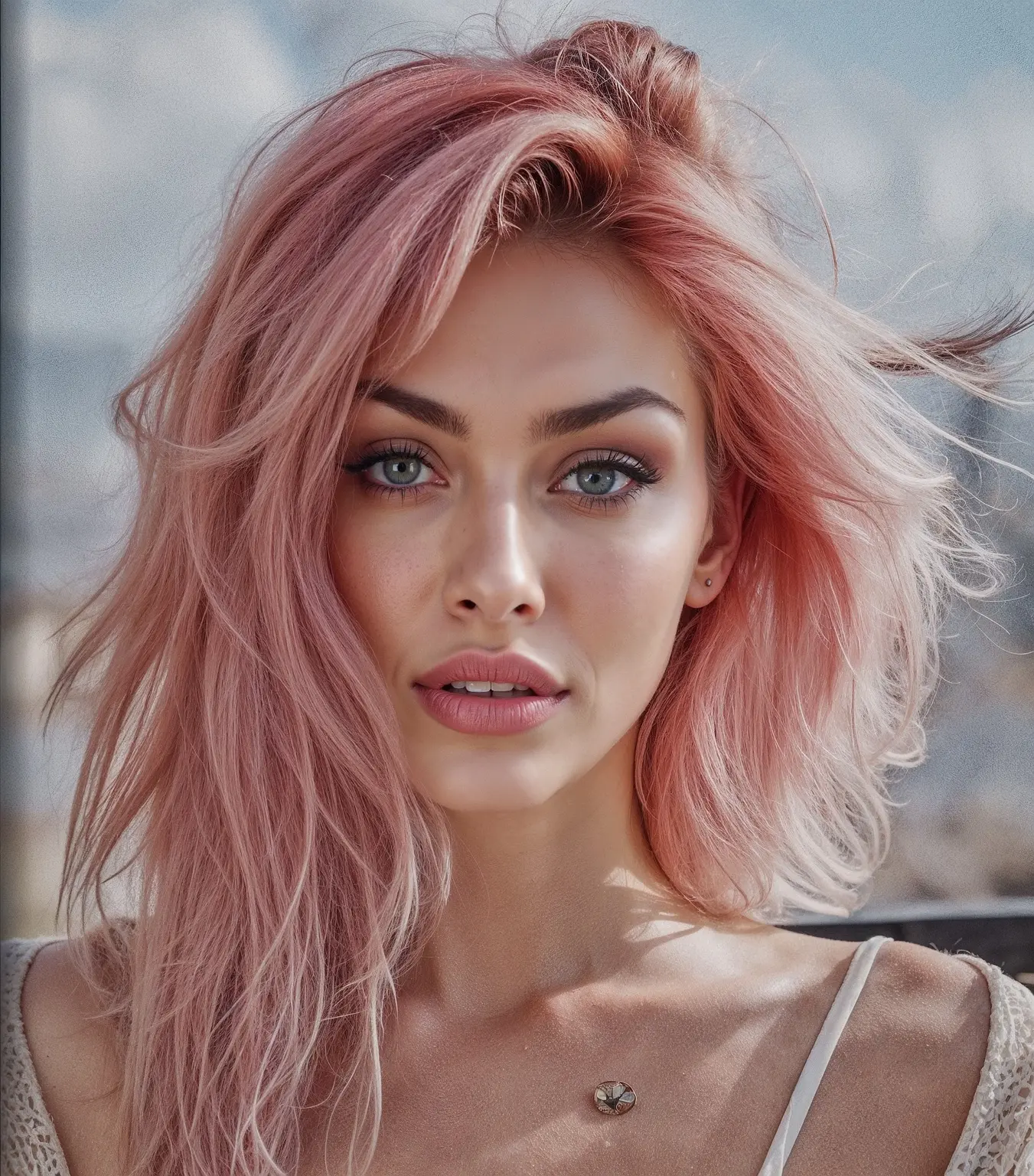 Editorial portrait with soft pink hair