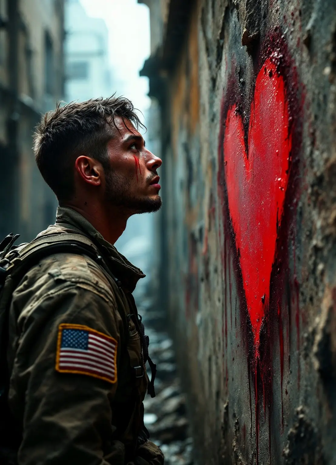 Cinematic soldier portrait beside a red wall