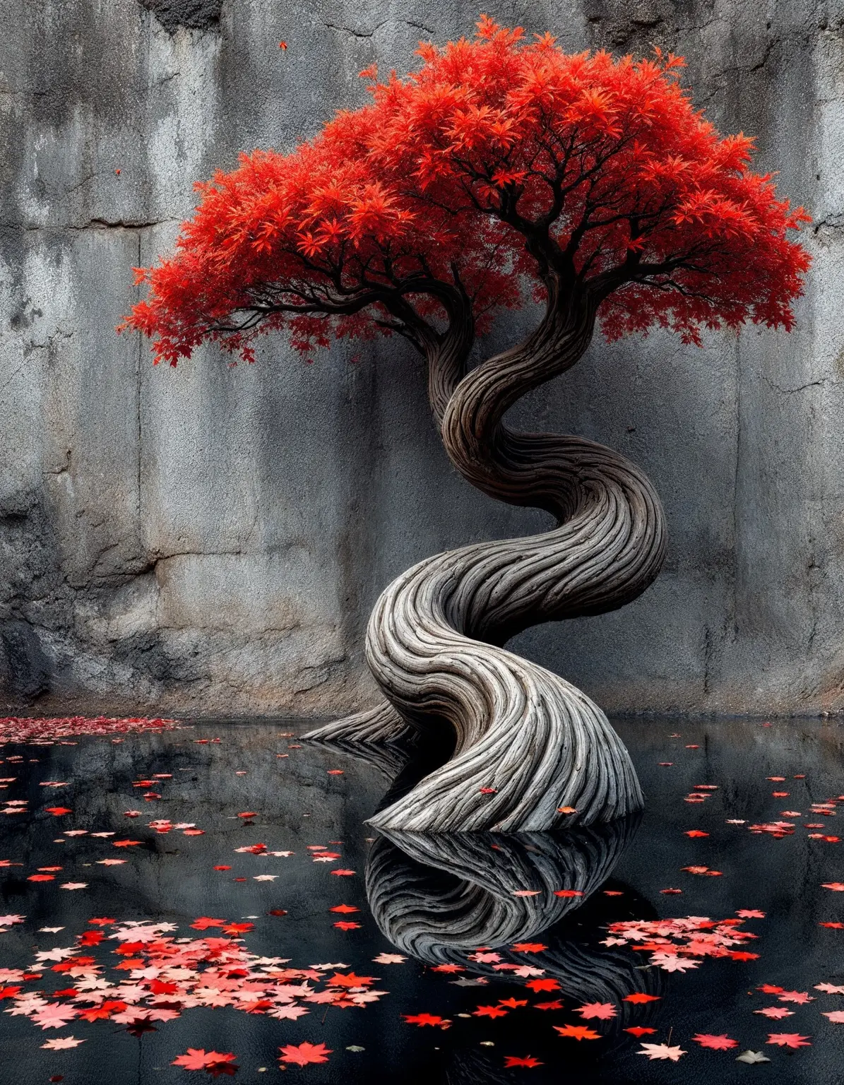 Surreal red-leaf tree with sculpted roots