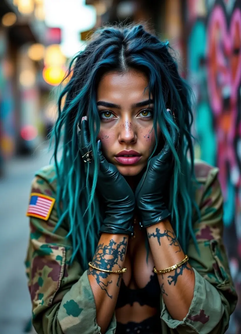 Teal-haired urban character portrait