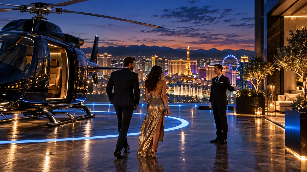 Concept image of a helicopter arrival at a Vegas rooftop helipad