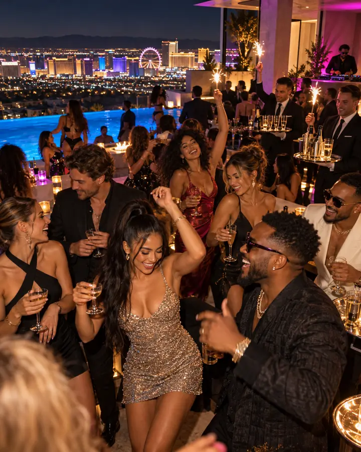 A stylish private pool party with champagne service and sparklers overlooking Las Vegas