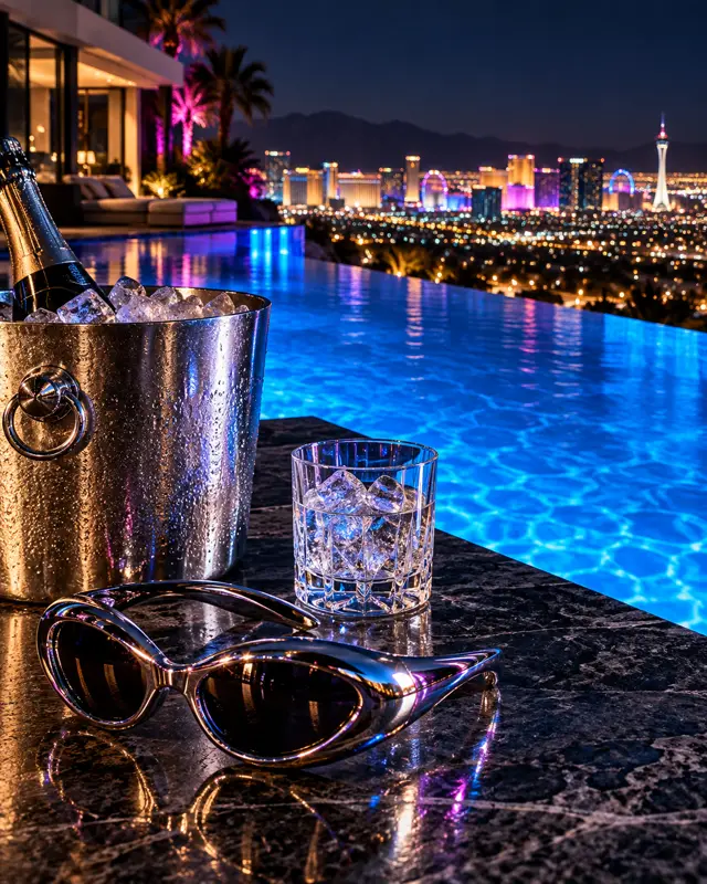 Champagne and reflective accessories beside a blue-lit Vegas pool