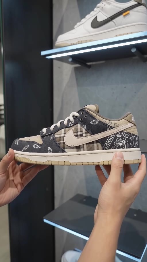Paisley and plaid low-top trainer held in the shopper’s hands