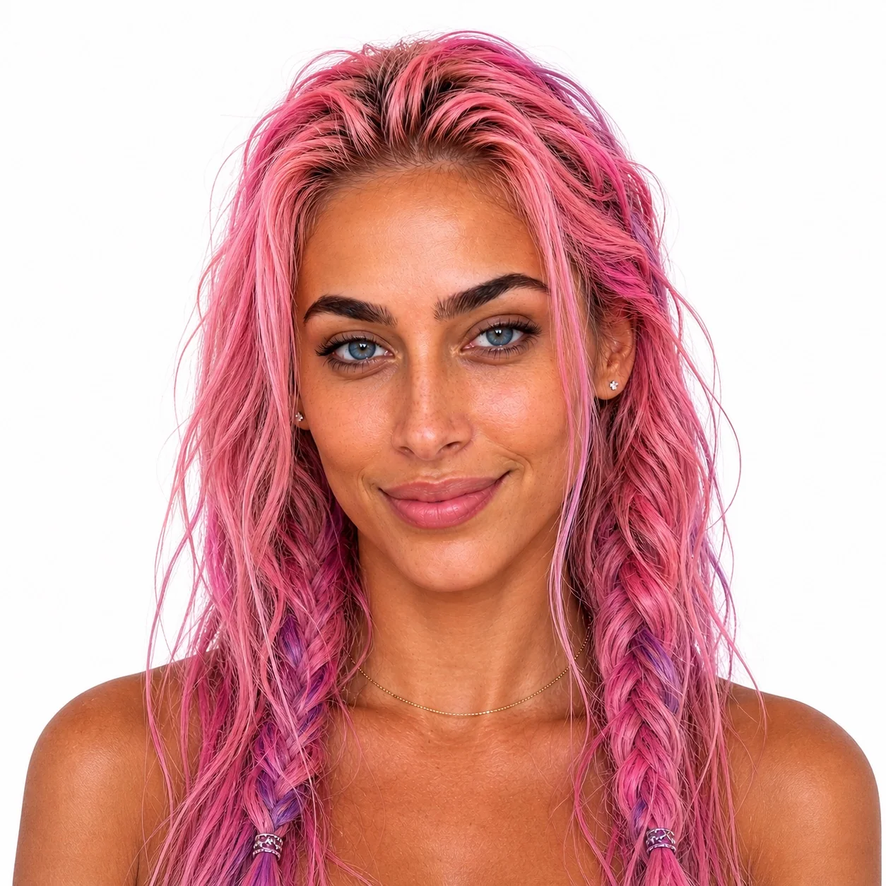 Close beauty portrait of Romy with pink hair