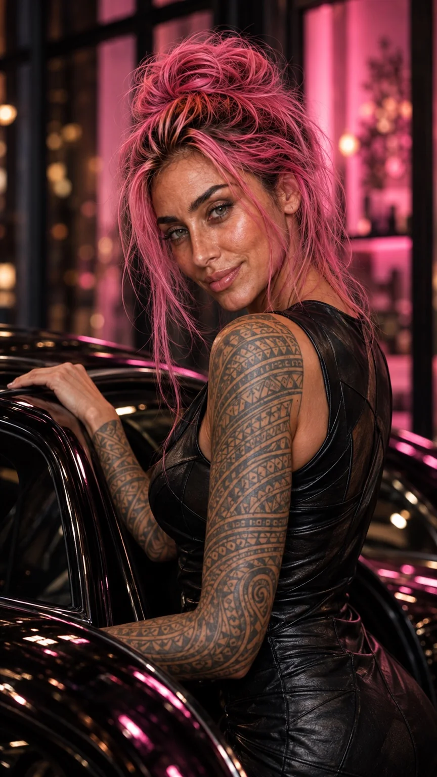 Romy beside a black car in a neon-lit fashion scene