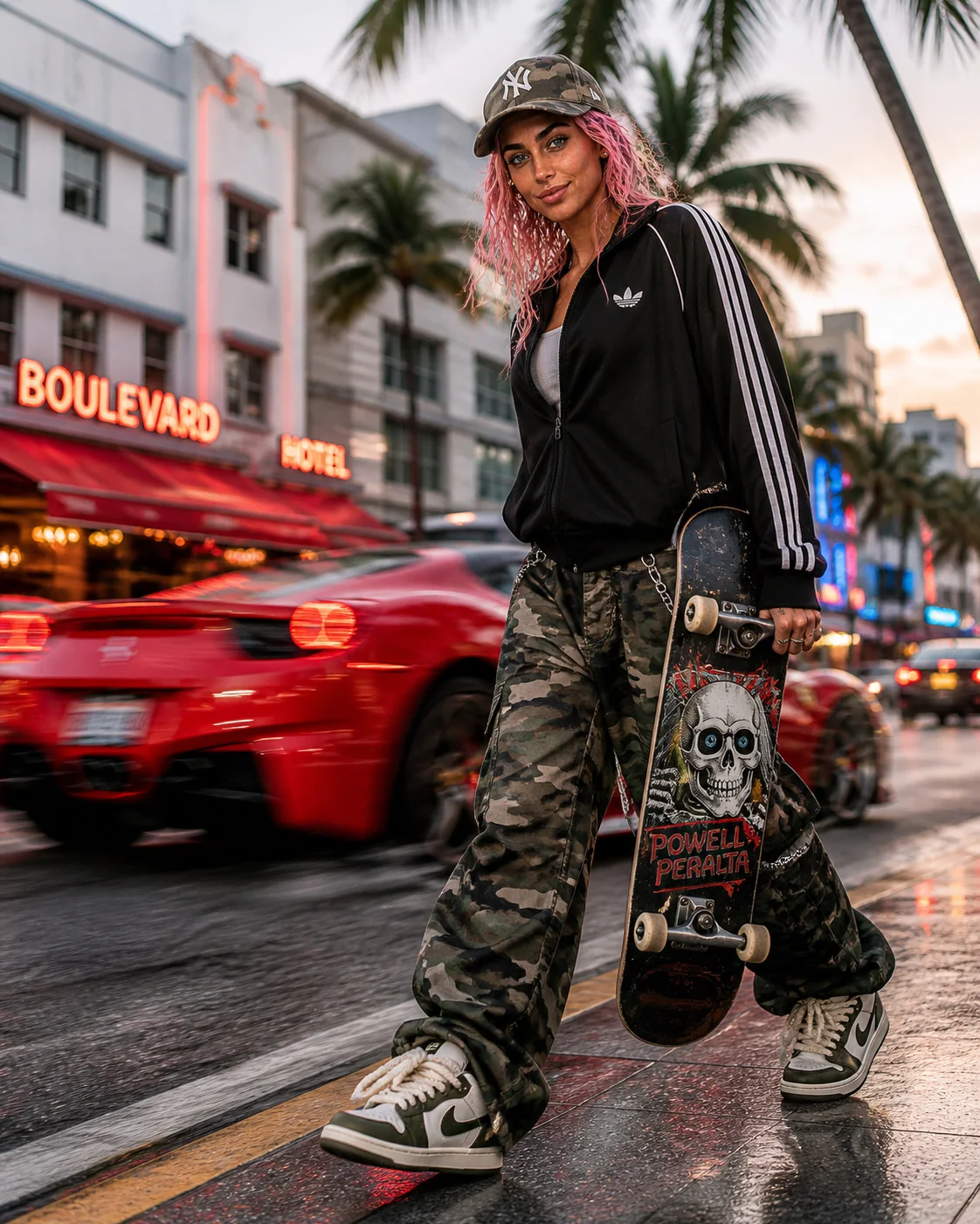 Romy carrying a skateboard in a city fashion campaign