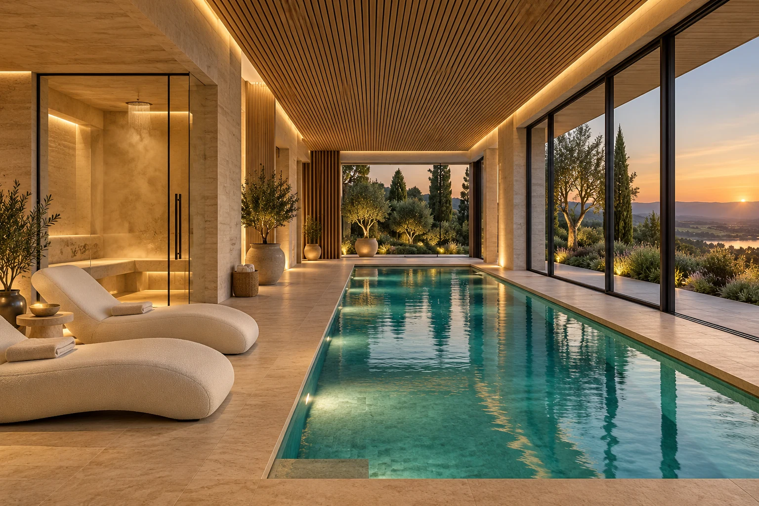 Concept private spa with a travertine indoor pool and woodland views