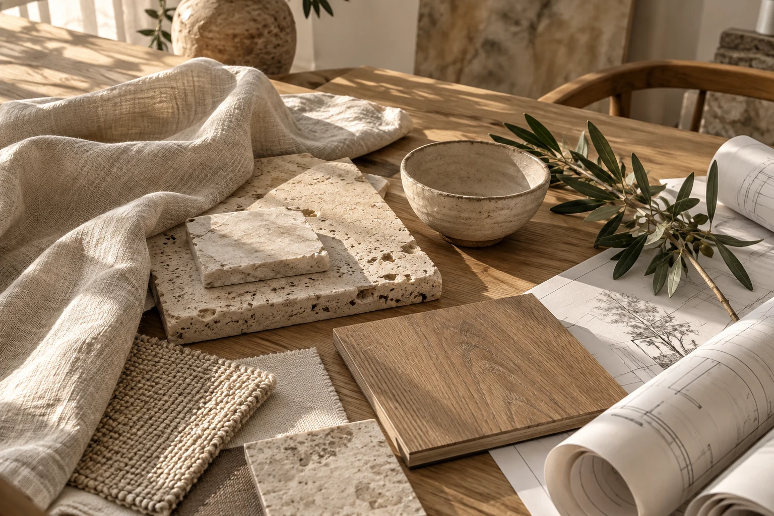 Linen, travertine, oak and ceramics on a design studio table