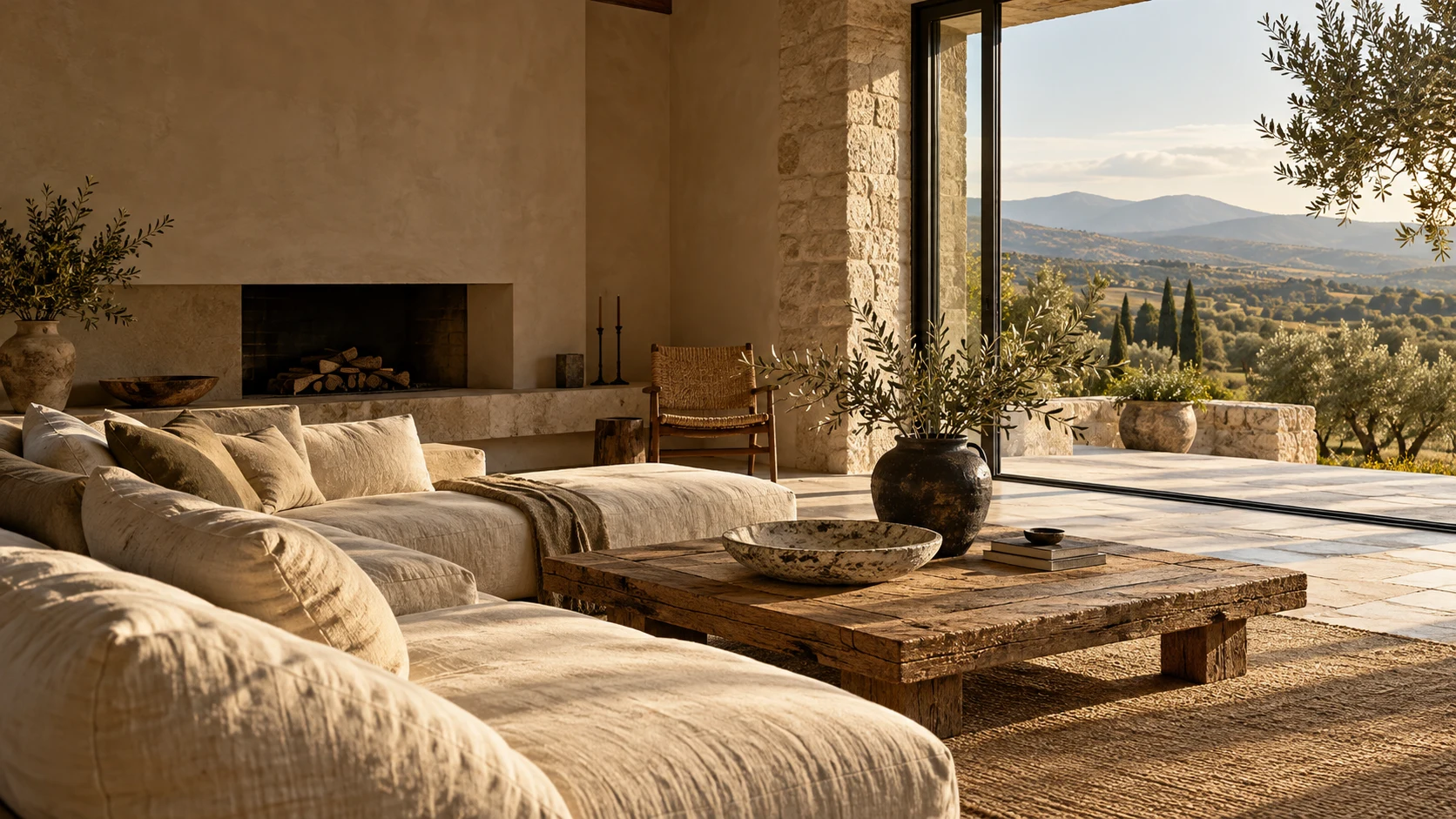 Sunlit limestone living room opening onto olive groves