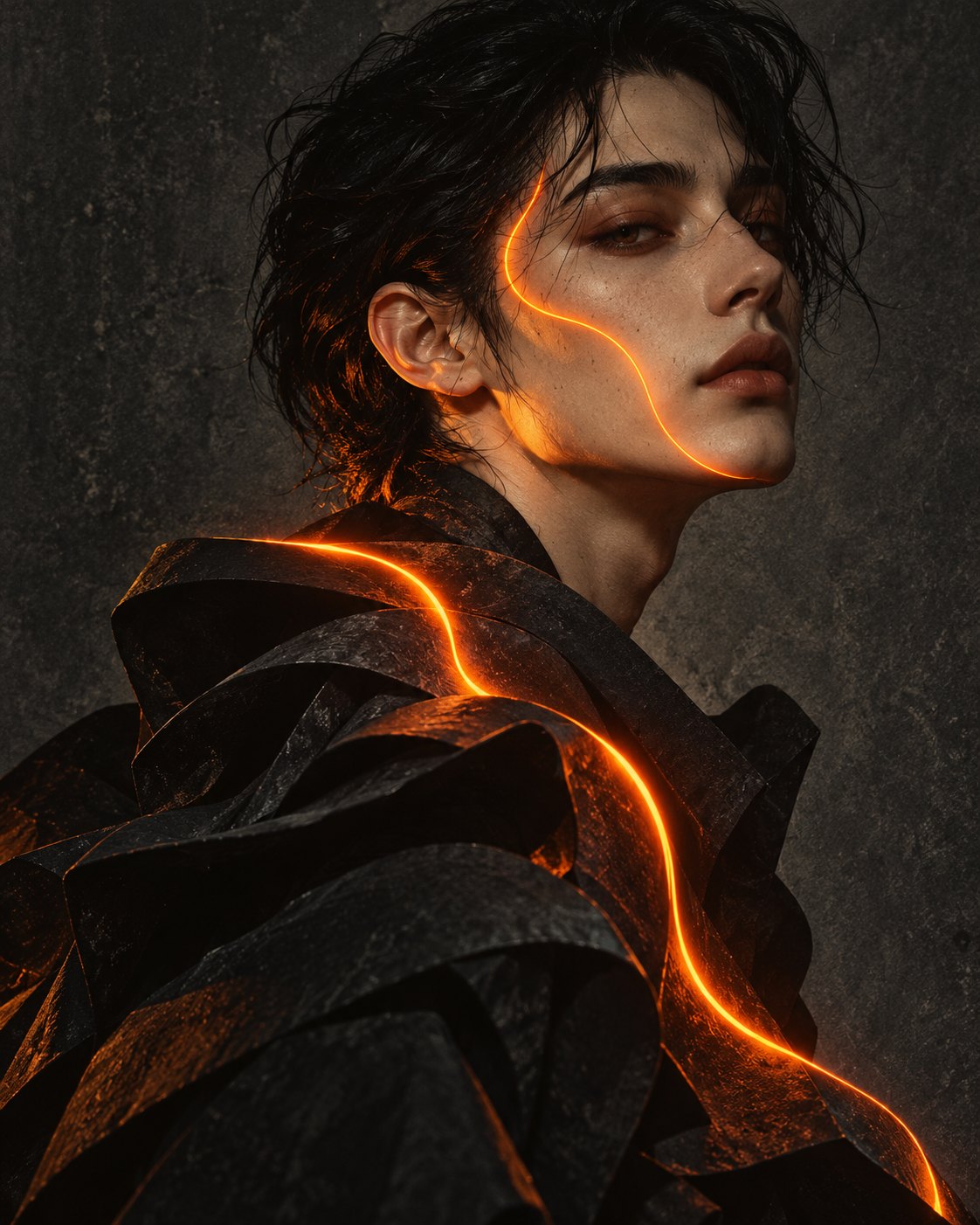 Fictional fashion character in black with a flowing orange line of light