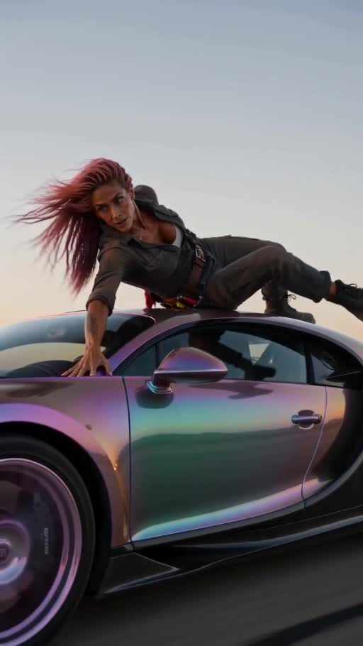 Automotive action film with a pink-haired character