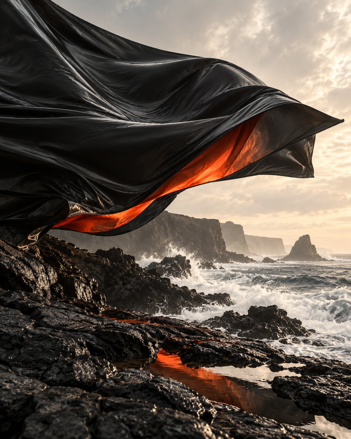 A surreal black fabric sculpture with an orange fold above a rocky coast