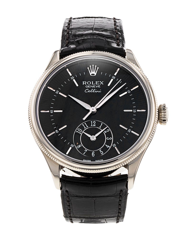 Rolex Cellini dress watch with black dial and leather strap