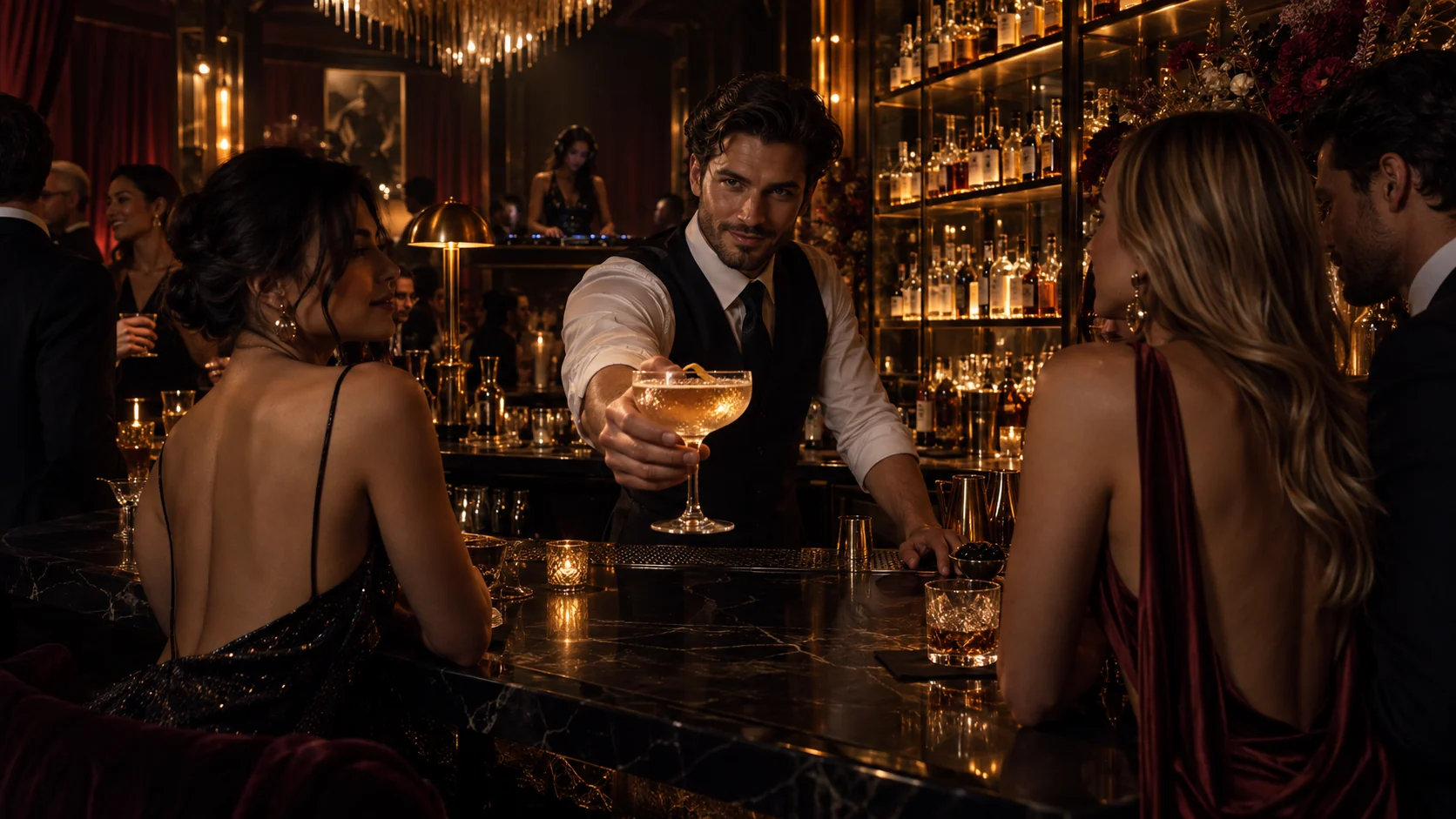 Intimate bronze and amber-lit private club bar