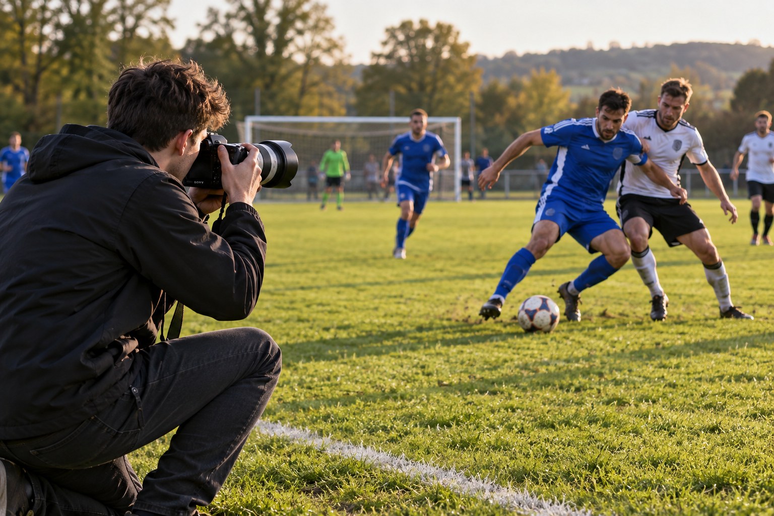 A young adult photographer taking photographs at a football match
