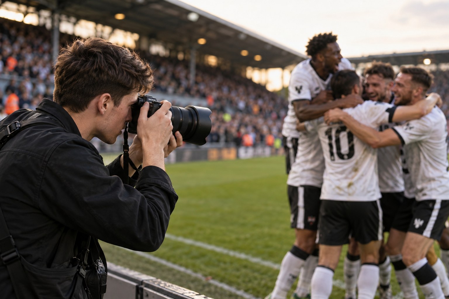 A young adult photographer taking photographs at a football match