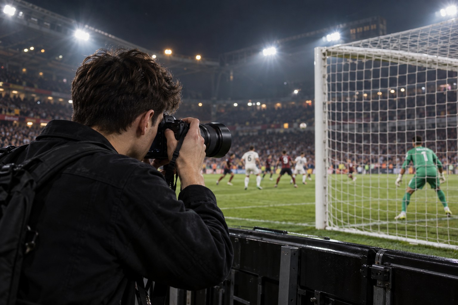 A young adult photographer taking photographs at a football match