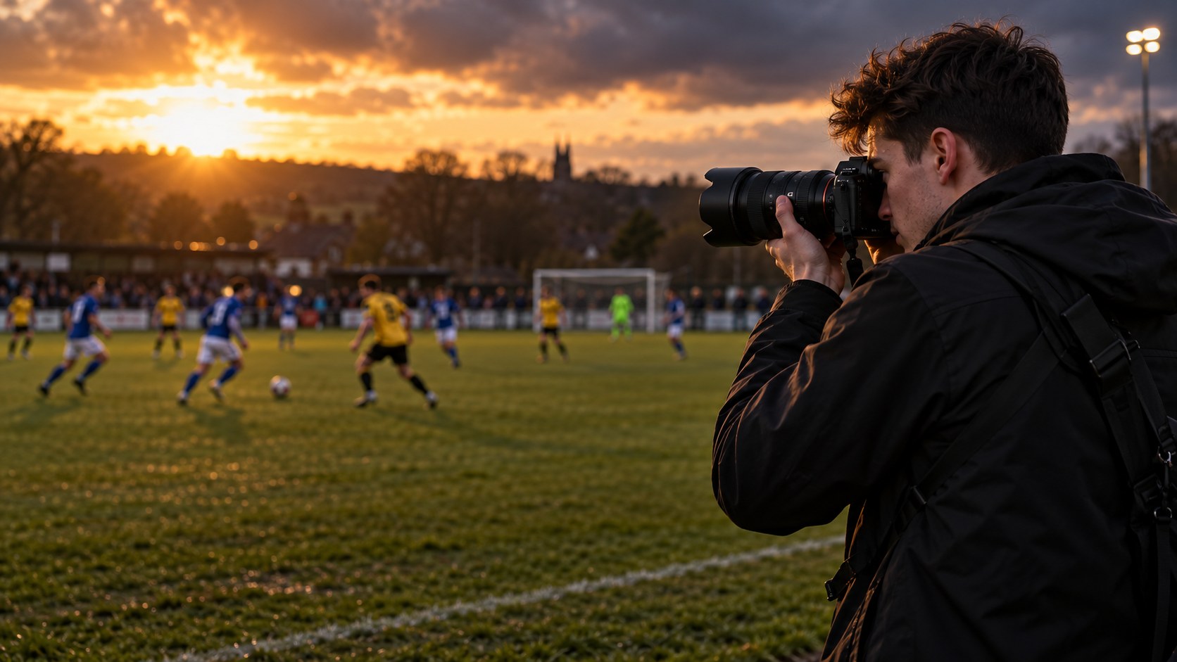 A young adult photographer taking photographs at the touchline of a football match