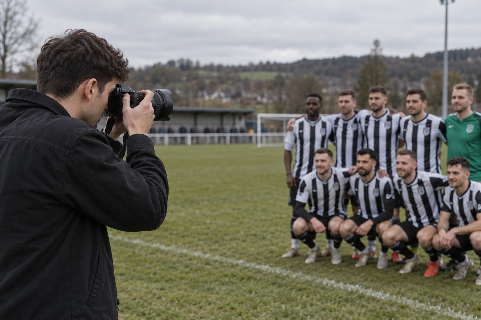A young adult photographer taking photographs at a football match
