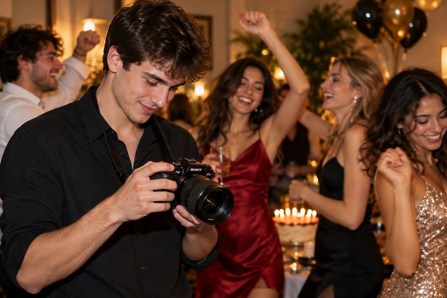 Young adult photographer reviewing photographs at a birthday party