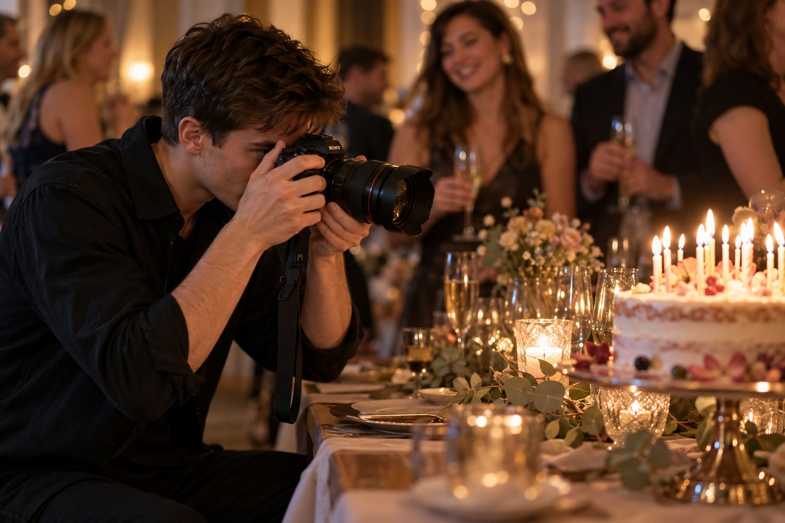 A young adult photographer taking photographs at a birthday party