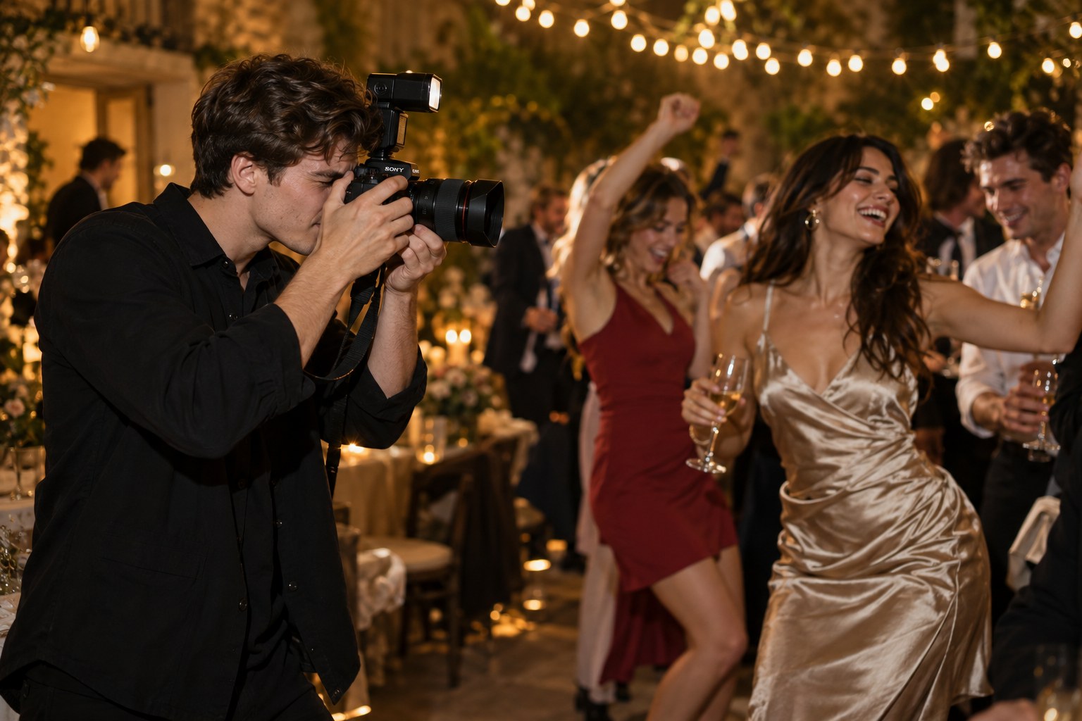 A young adult photographer taking photographs at a birthday party