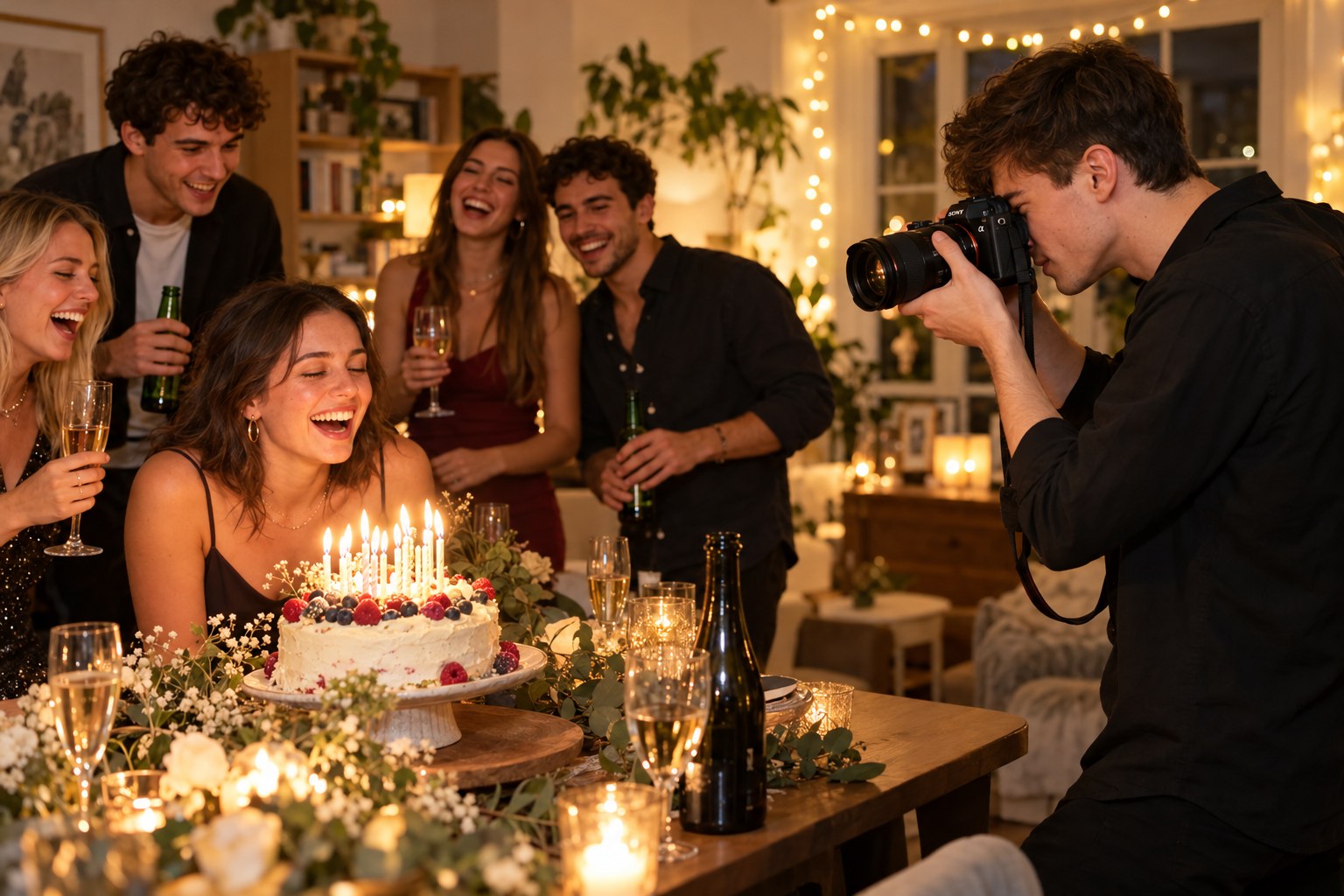 A young adult photographer taking photographs at a birthday party