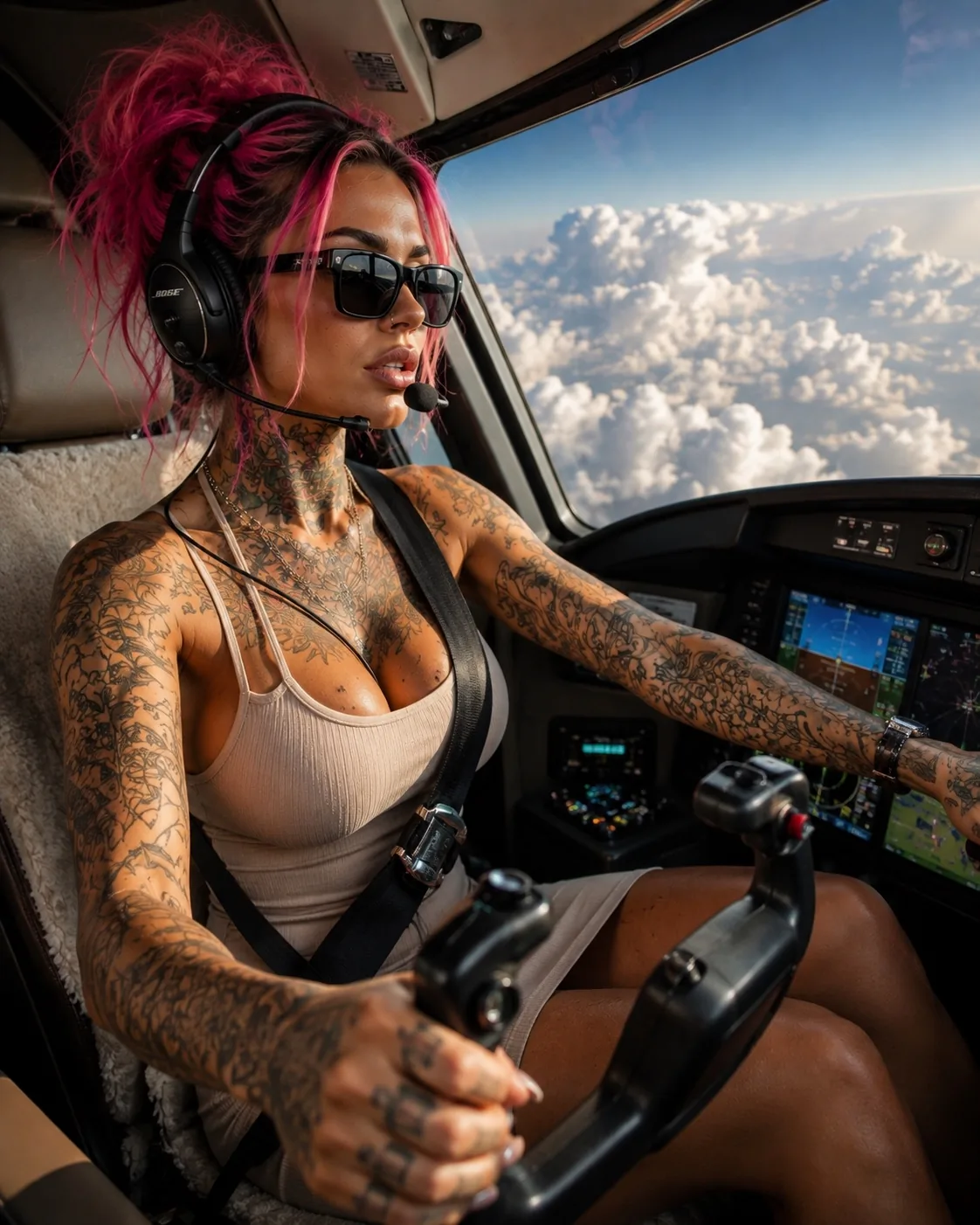 Fashion lifestyle portrait in an aircraft cockpit