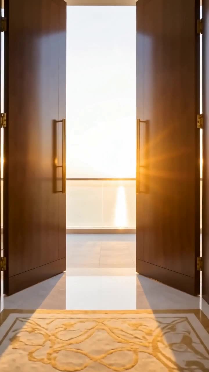 Tall doors opening from a marble corridor onto morning light