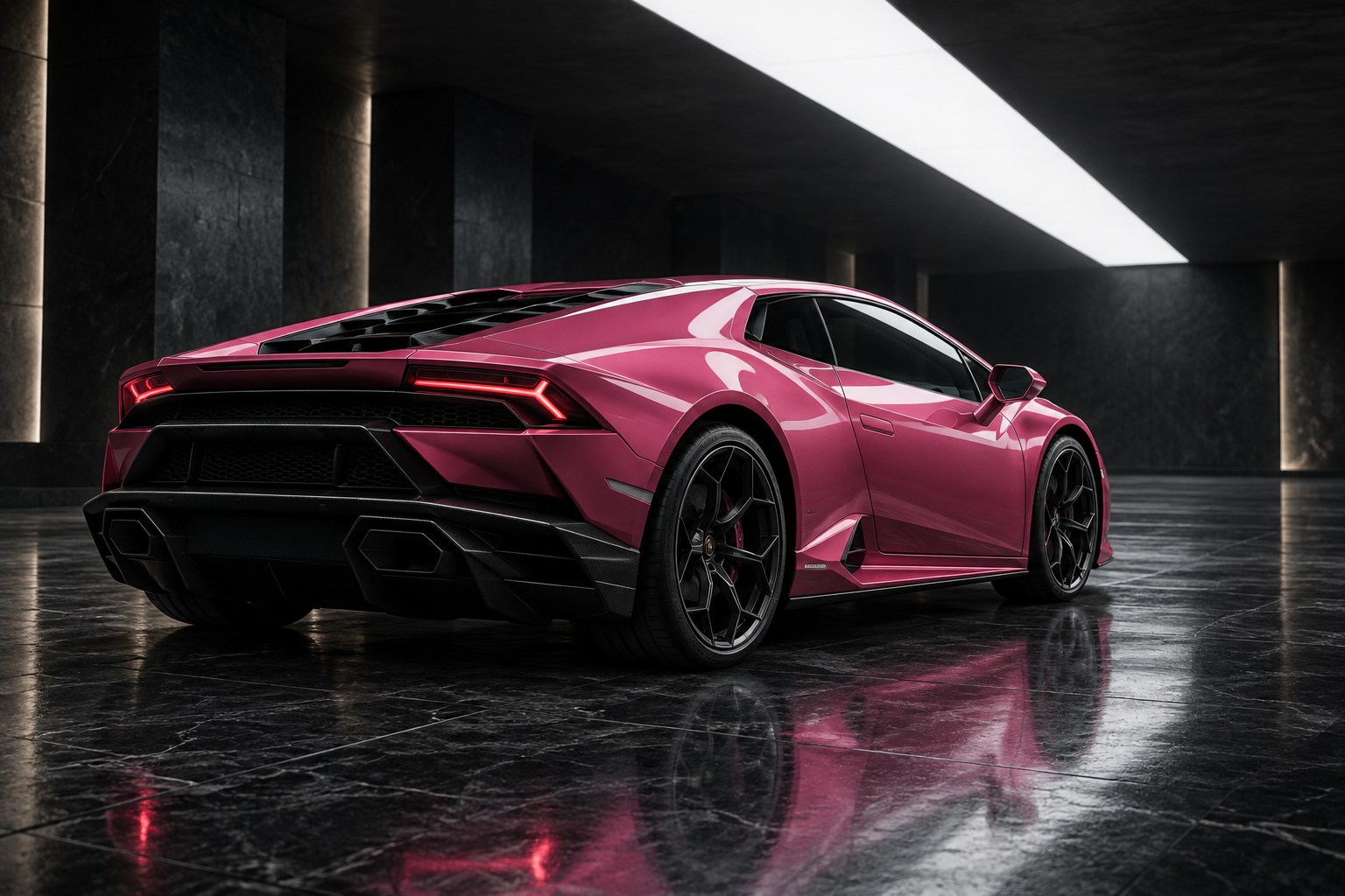 Illustrative rose-pink Lamborghini campaign image in a dark architectural showroom