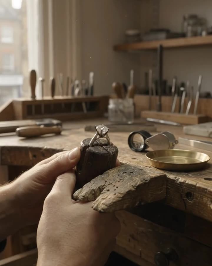 Hands at a wooden jeweller's bench by a tall window, a ring held in a clamp.
