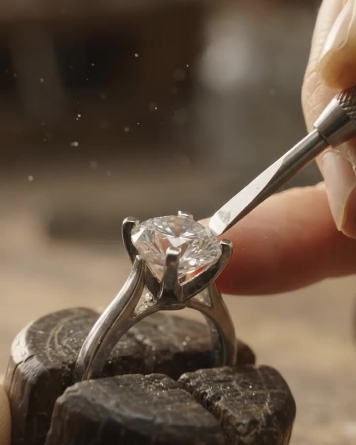 A jeweller's pusher folding a platinum claw over a round diamond.