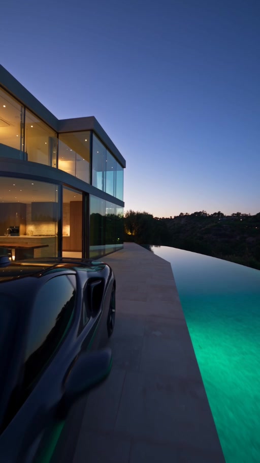 Glass-fronted mansion at dusk