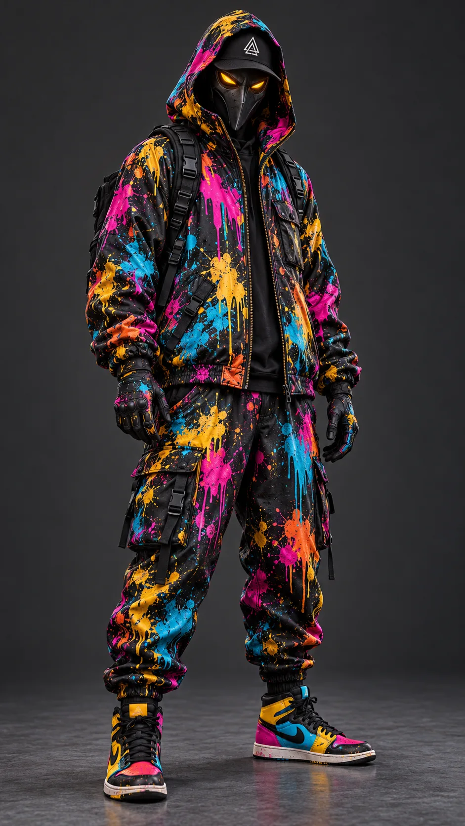 Inkrunner standing front-on: a hooded figure in a paint-splattered bomber, black beak mask with glowing amber eyes, cap with a triangle mark, armoured gloves, cargo trousers and paint-dipped hi-top trainers.