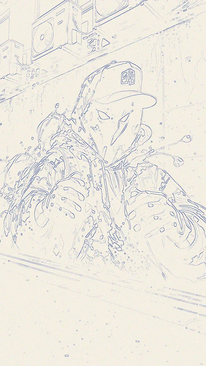 The same frame as a blue-pencil line drawing