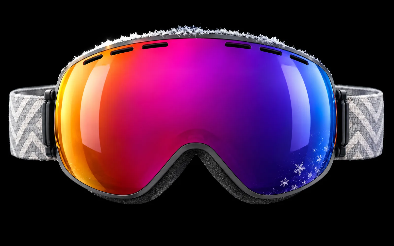 Rimefall Model 01 goggle, front view, amber-to-violet mirror lens with white jacquard strap