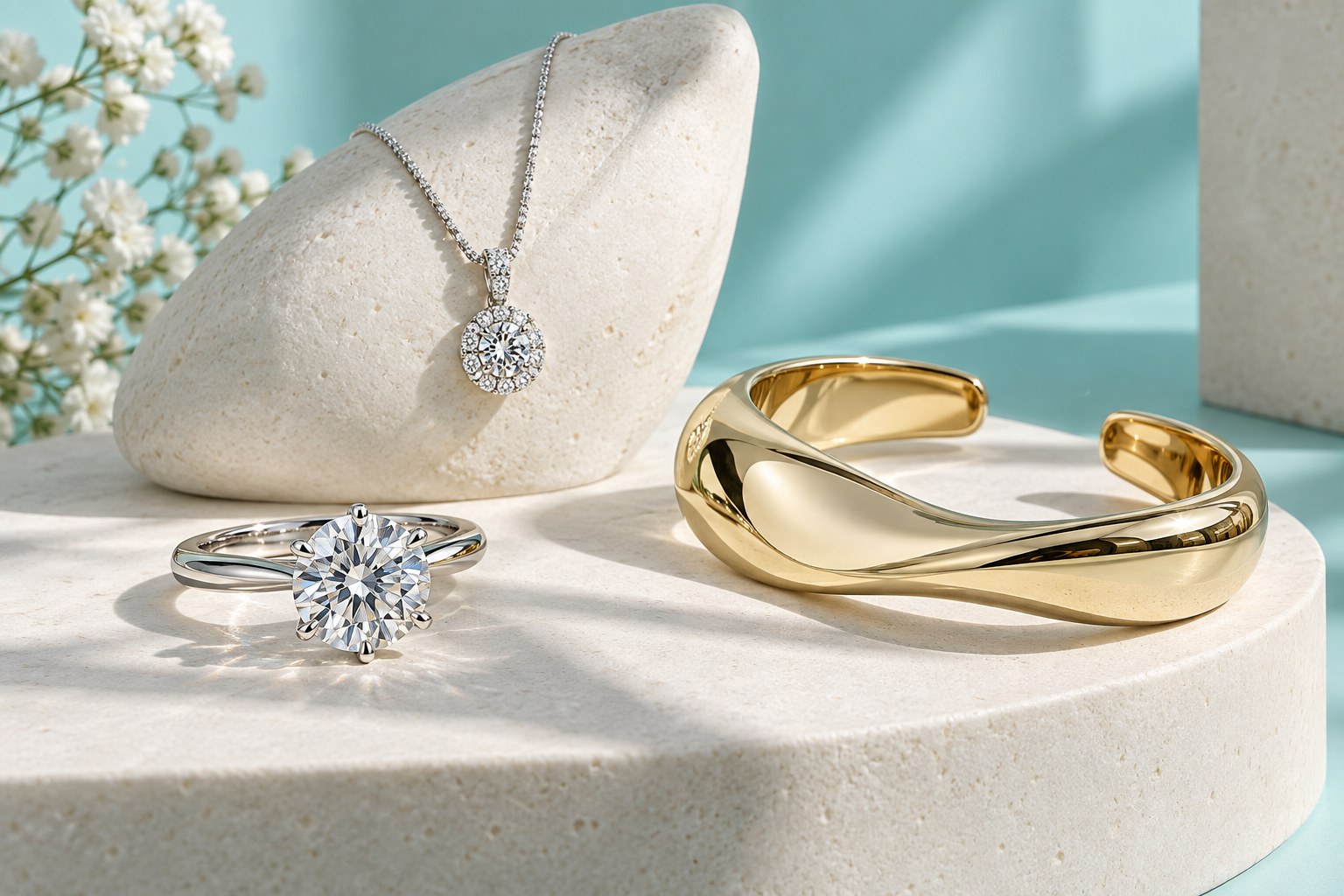 Concept solitaire ring, gold cuff and diamond pendant on sculptural ivory plinths