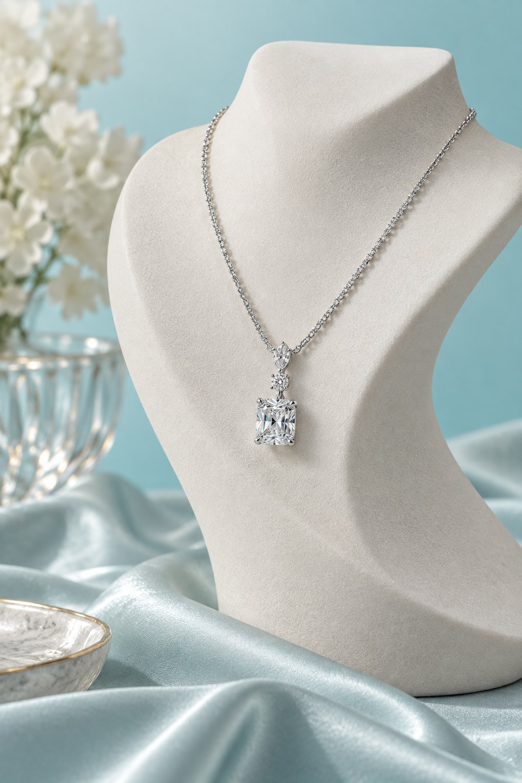 Editorial concept of a diamond pendant on an ivory display stand