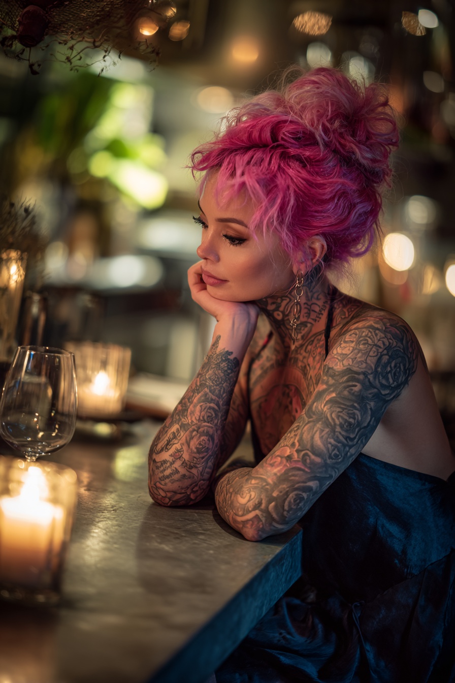 Pink-haired character in a candlelit bar